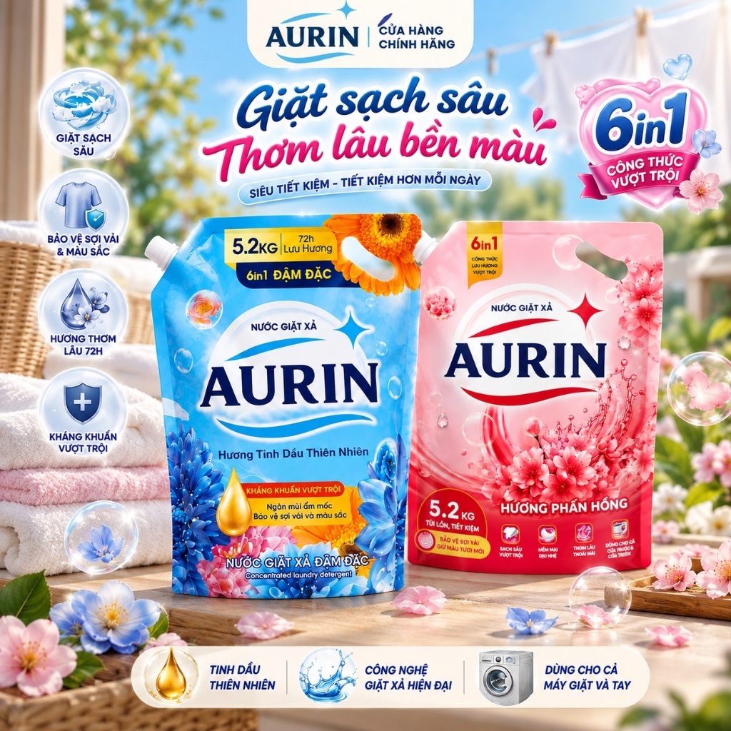 [10.4KG 2 TÚI] Nước Giặt Xả Lưu Hương AURIN Tinh Dầu Thiên Nhiên, Sạch Sâu Thơm Lâu, Bền Màu, DịuNhẹ