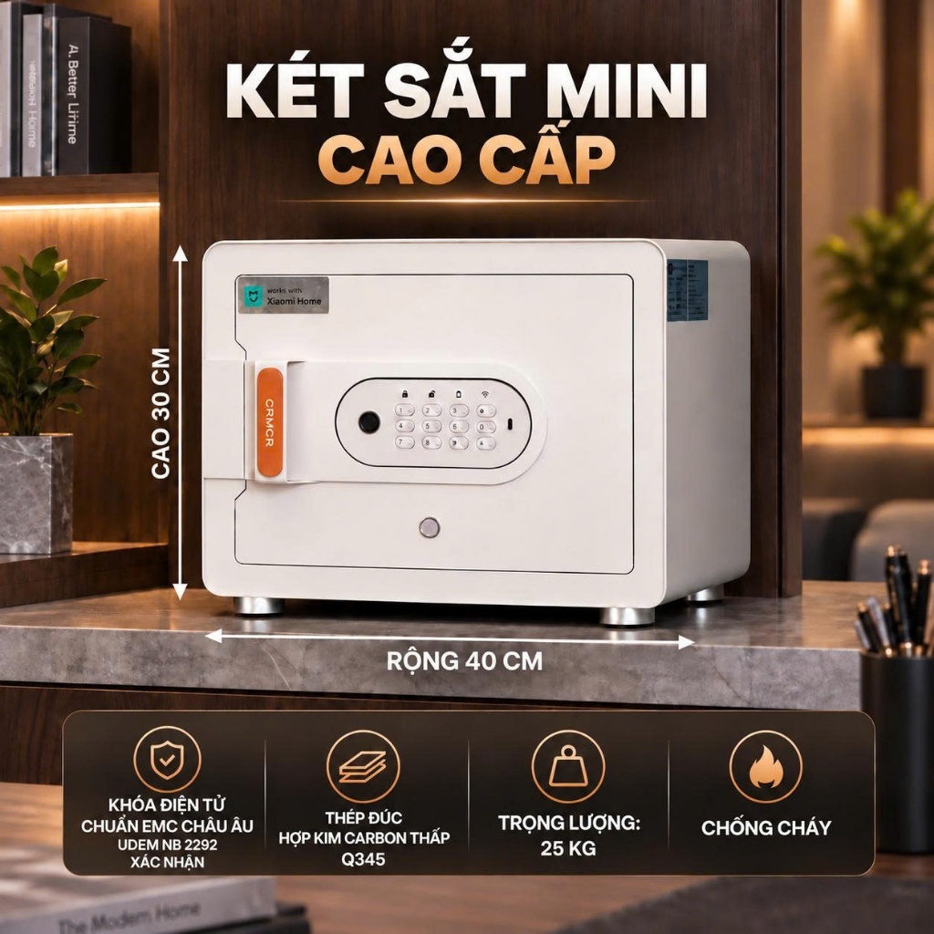 Két sắt mini thông minh Xiaomi CRMCR 30MS Vân Tay Điện Tử, Cảnh Báo Trộm Điện Thoại Thương Hiệu Quốc Tế