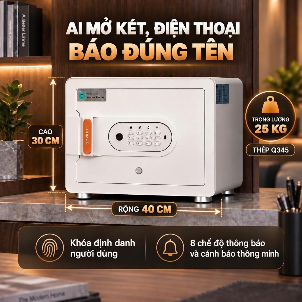 Két sắt Xiaomi CRMCR 30MS với Khóa Vân Tay Điện Tử và Kết Nối Ứng Dụng Điện Thoại Thông Minh Thương Hiệu Quốc Tế