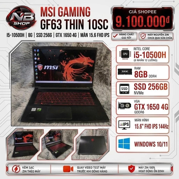LAPTOP MSI GAMING GF63 THIN 10SC, 8G, I5-10500H, SSD 256G, GTX 1650 4G, MÀN 15.6IN FHD IPS, LED ĐỎ, VỎ KIM LOẠI