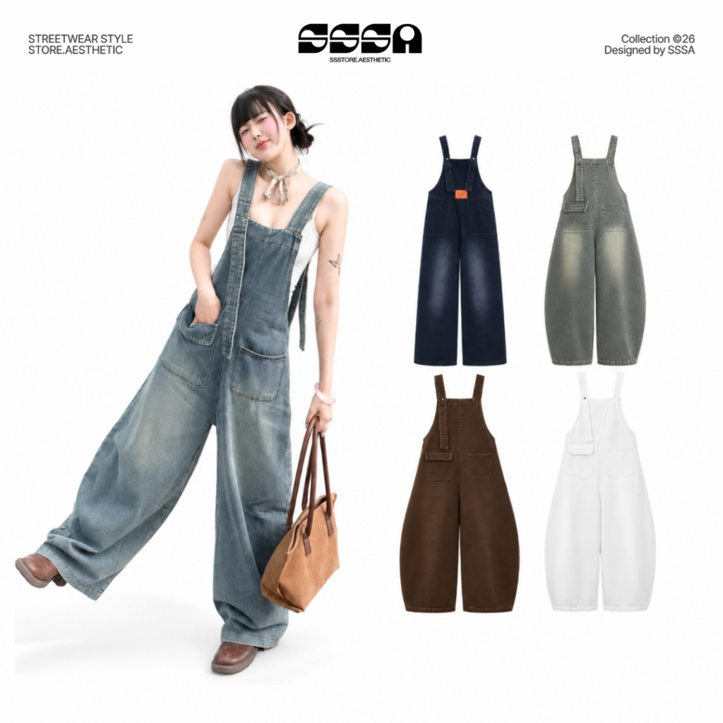 Quần Yếm Jean Nữ Ống Rộng Form Unisex Yếm Bò Jeans Denim Dày Dặn Che Khuyết Điểm | SSSTORE.Aesthetic