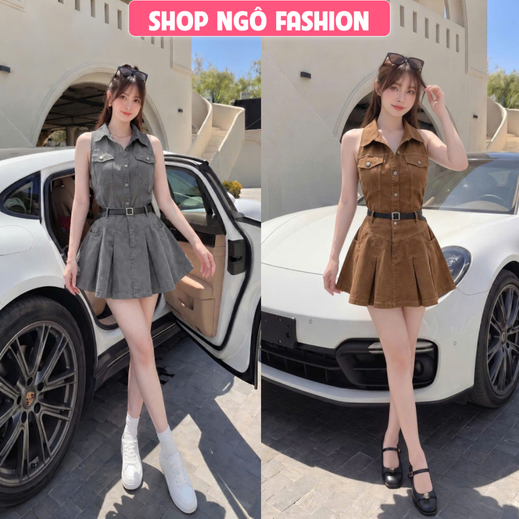 Set váy ngắn - Set bố xước áo sơ mi sát tay túi nắp cài cúc phối chân váy ngắn xếp ly kèm nịt 2 màu