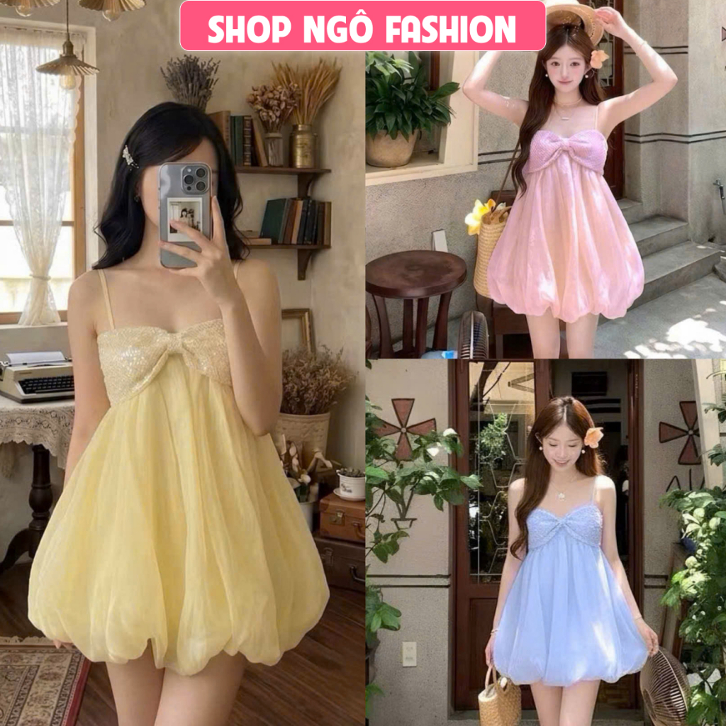 Đầm váy ngắn - Đầm tơ phối kim sa 2 dây cúp nơ dáng bí bồng kèm quần bảo hộ 3 màu siêu đáng iu