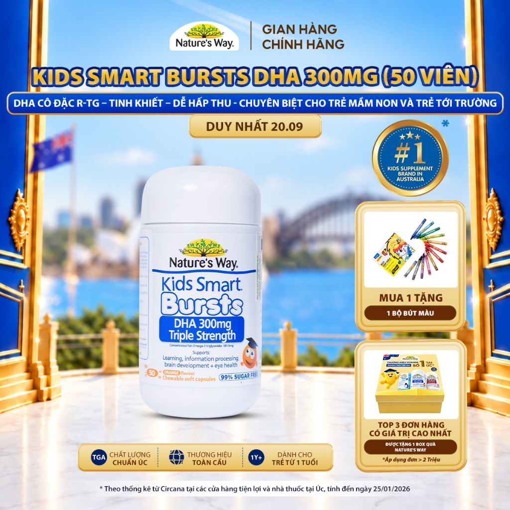DHA 300mg Nature's Way Kids Smart Triple Strength Bổ Sung DHA Hàm Lượng Cao, Omega 3 RTG Cô Đặc Cho Bé 50 Viên
