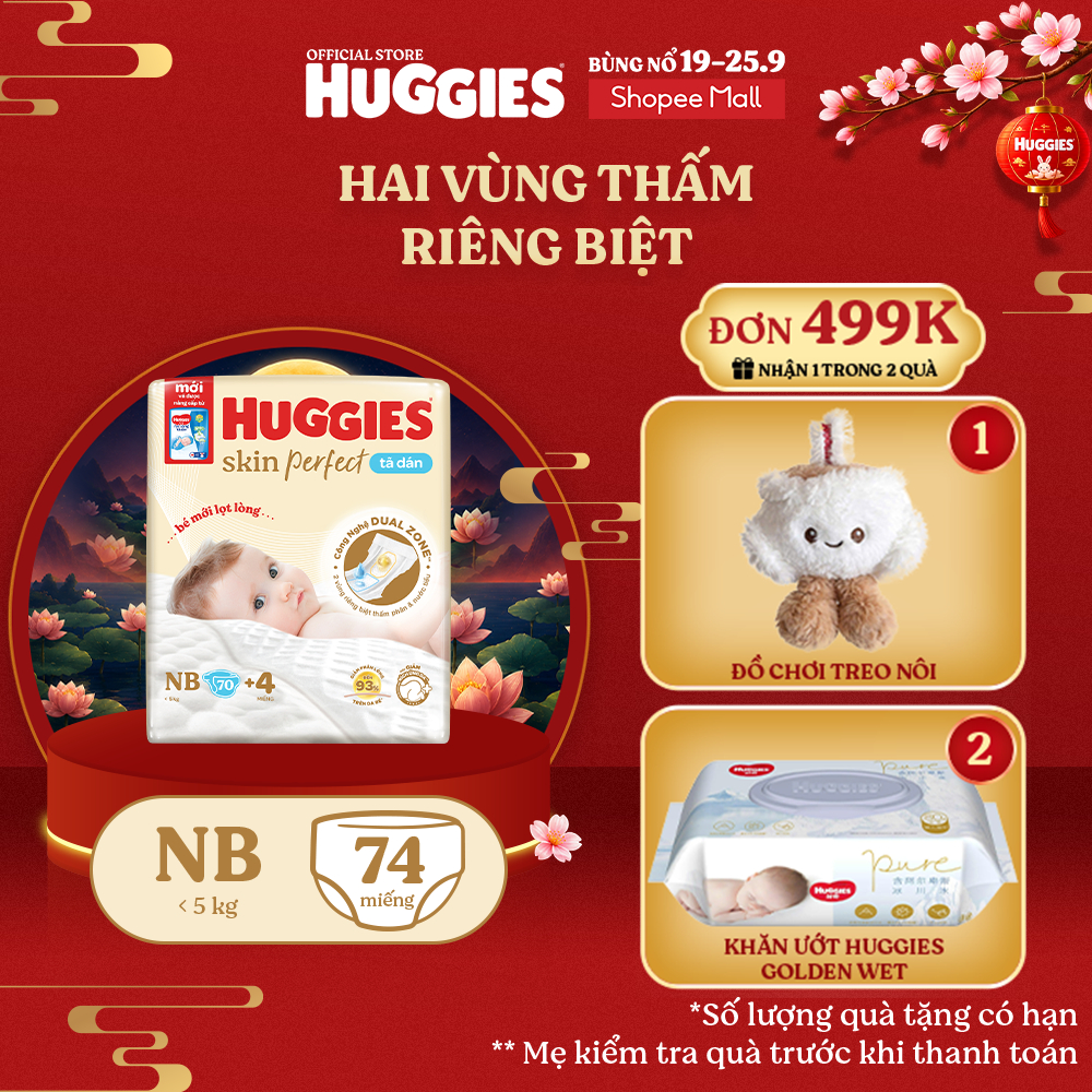 Tã/bỉm dán sơ sinh Huggies Skin Perfect NB70+miếng ngẫu nhiên với 2 vùng thấm giảm kích ứng da
