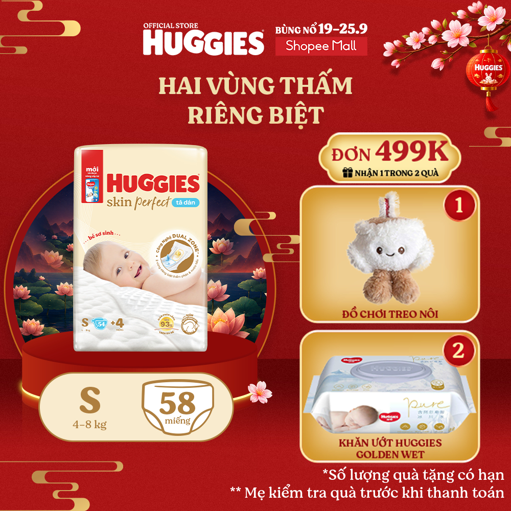 Tã/bỉm dán sơ sinh Huggies Skin Perfect S 54+4 miếng với 2 vùng thấm giảm kích ứng da