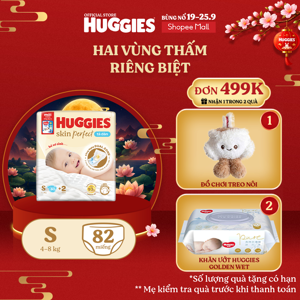 Tã/bỉm dán sơ sinh Huggies Skin Perfect S 80+2 miếng với 2 vùng thấm giảm kích ứng da