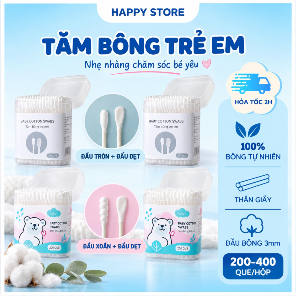 Tăm bông cho bé sơ sinh 2 đầu Vcool hộp 200 que, bông ngoáy tai Misuta 200/400 que Happy Store