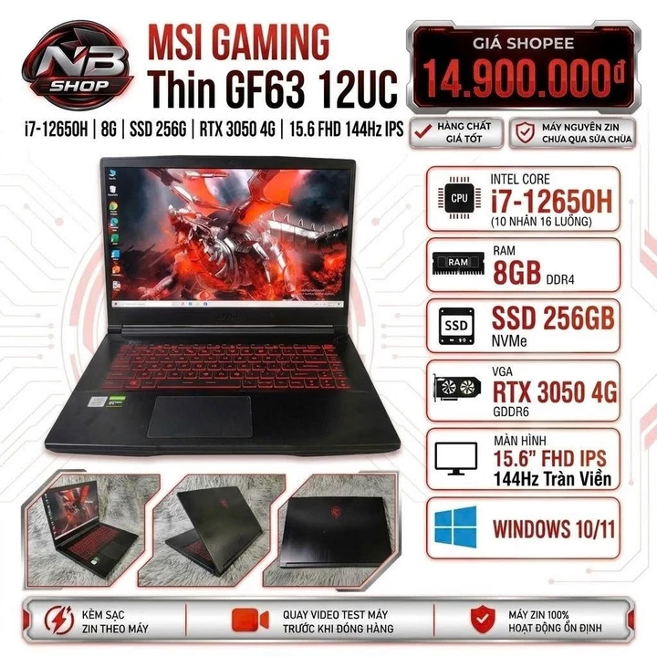 LAPTOP MSI GAMING THIN GF63 12UC, I7-12650H, 8G, SSD 256G, RTX 3050 4G, MÀN 15.6IN FHD IPS TRÀN VIỀN 144HZ, LED ĐỎ