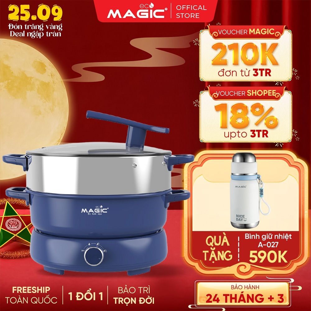 Nồi Lẩu Hấp Thủy Nhiệt, Lẩu Nướng Đa Năng Magic Eco AC-282 6L, Kèm Xửng Hấp & Khay Nướng, 1800W