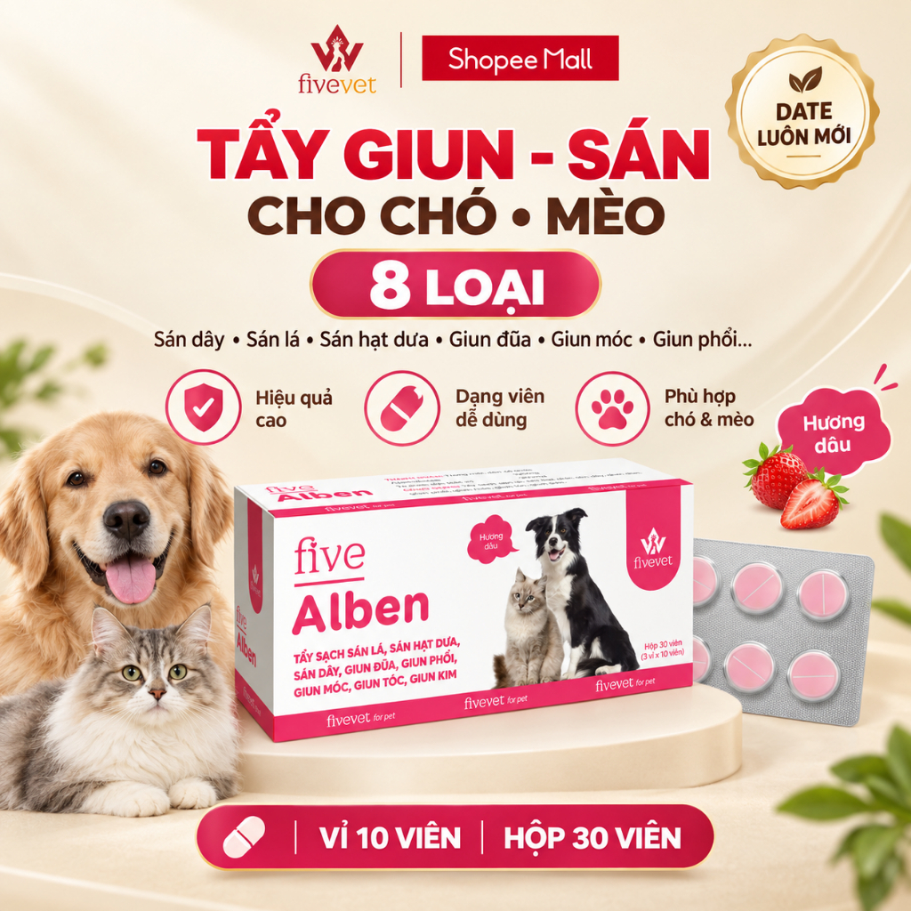 Viên Tẩy Giun Sán Cho Chó Mèo FIVEVET – Five-Alben For Pet