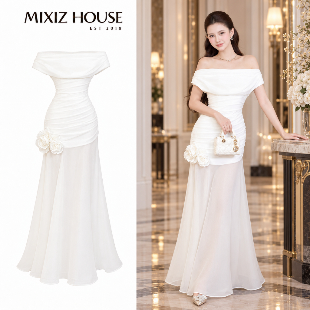 Đầm Trễ Vai Xếp Ly Hoa Hồng Tùng Đuôi Cá Mixiz House - Váy Đi Tiệc Sang Trọng, Tôn Dáng, Có Bigsize