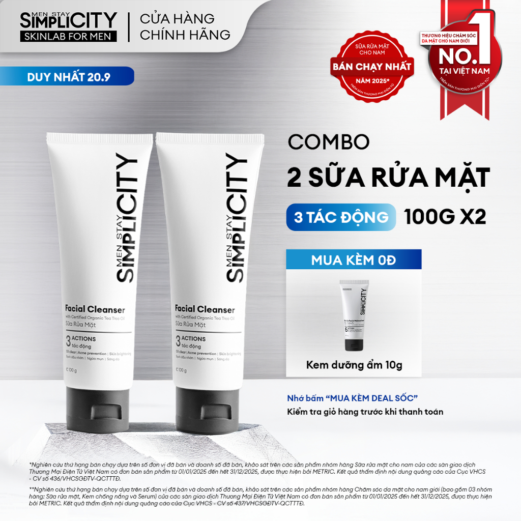 Combo 2 Sữa rửa mặt nam Men Stay Simplicity 3 tác động giúp sạch dầu nhờn, hỗ trợ ngừa mụn, sáng da 100gx2