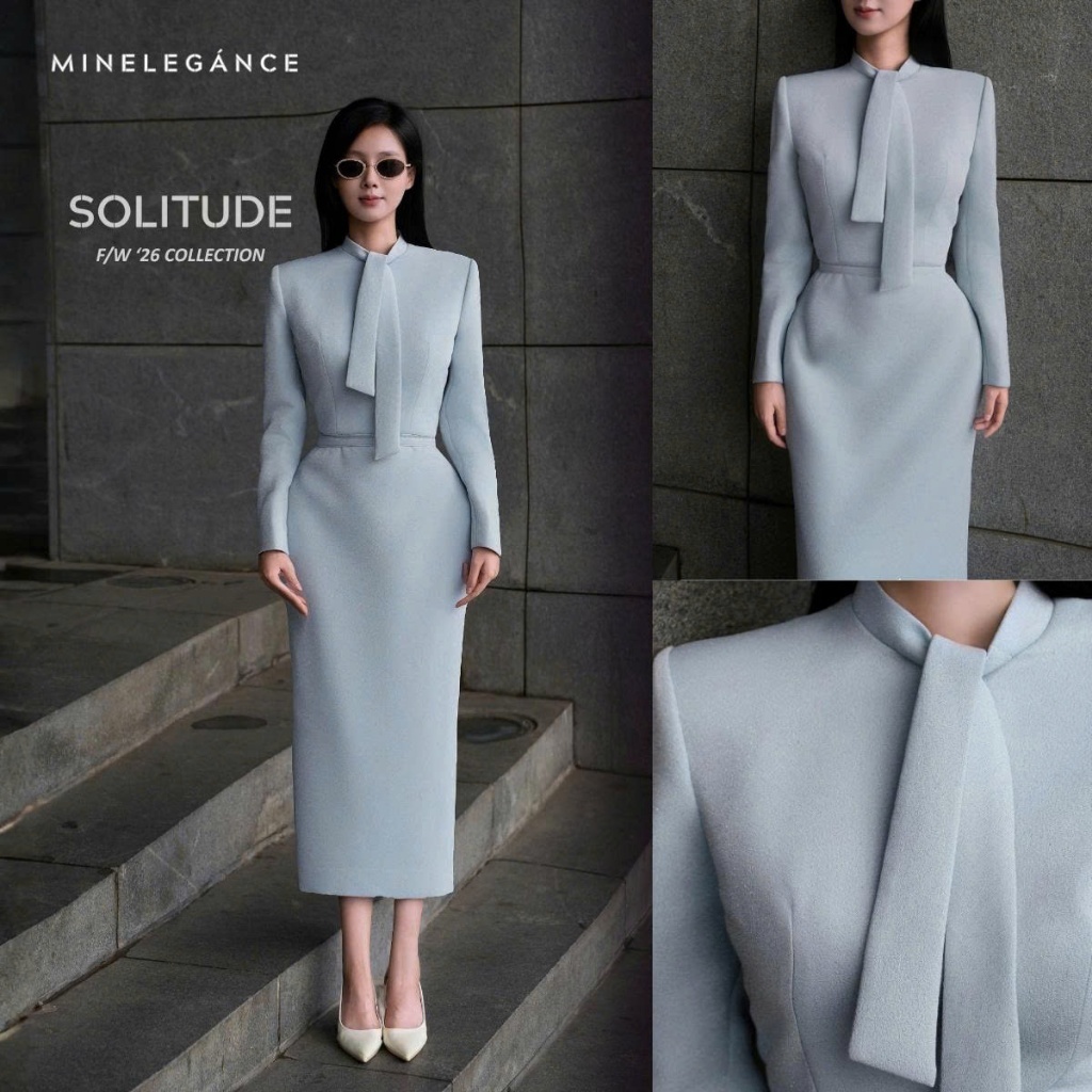 MINELEGÁNCE | VÁY CỔ TRÒN PHỐI KHĂN DÁNG DÀI, SANG TRỌNG, THANH LỊCH - MIN263