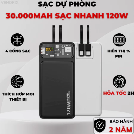 Sạc dự phòng 30.000mAh - Sạc dự phòng 3C, cục sạc dự phòng tích hợp sẵn cáp Type-C & Ln tiện lợi, màn hình led hiển thị