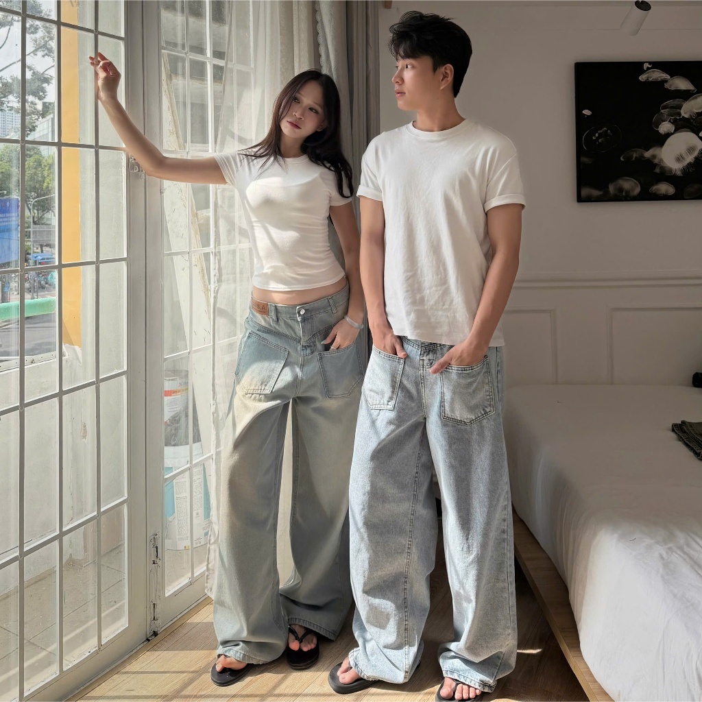 Quần Jean Ống Rộng Suông May Ngược Unisex Tôn Dáng Baggy Nam Nữ SSSTORE.Aesthetic - J16 | BigBuy360 - bigbuy360.vn