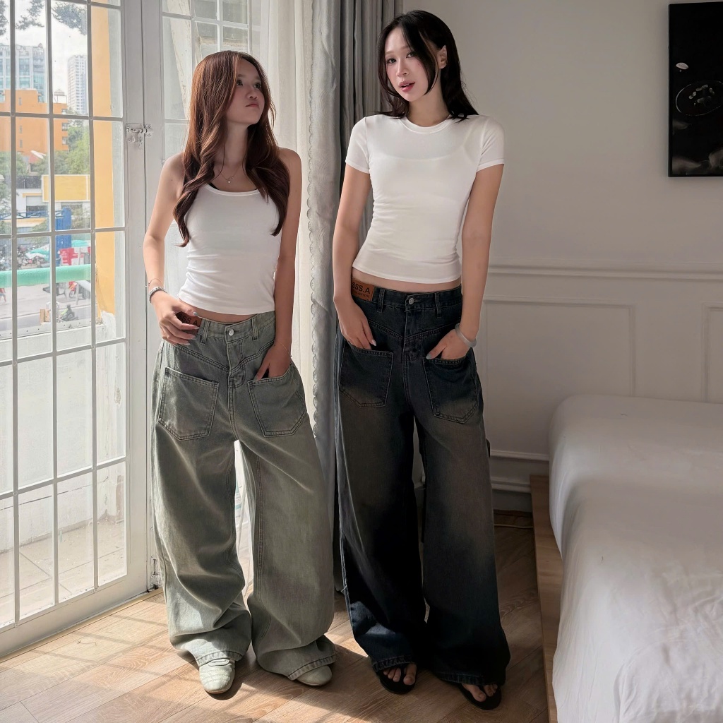 Quần Jean Ống Rộng Suông May Ngược Unisex Tôn Dáng Baggy Nam Nữ SSSTORE.Aesthetic - J16 | BigBuy360 - bigbuy360.vn
