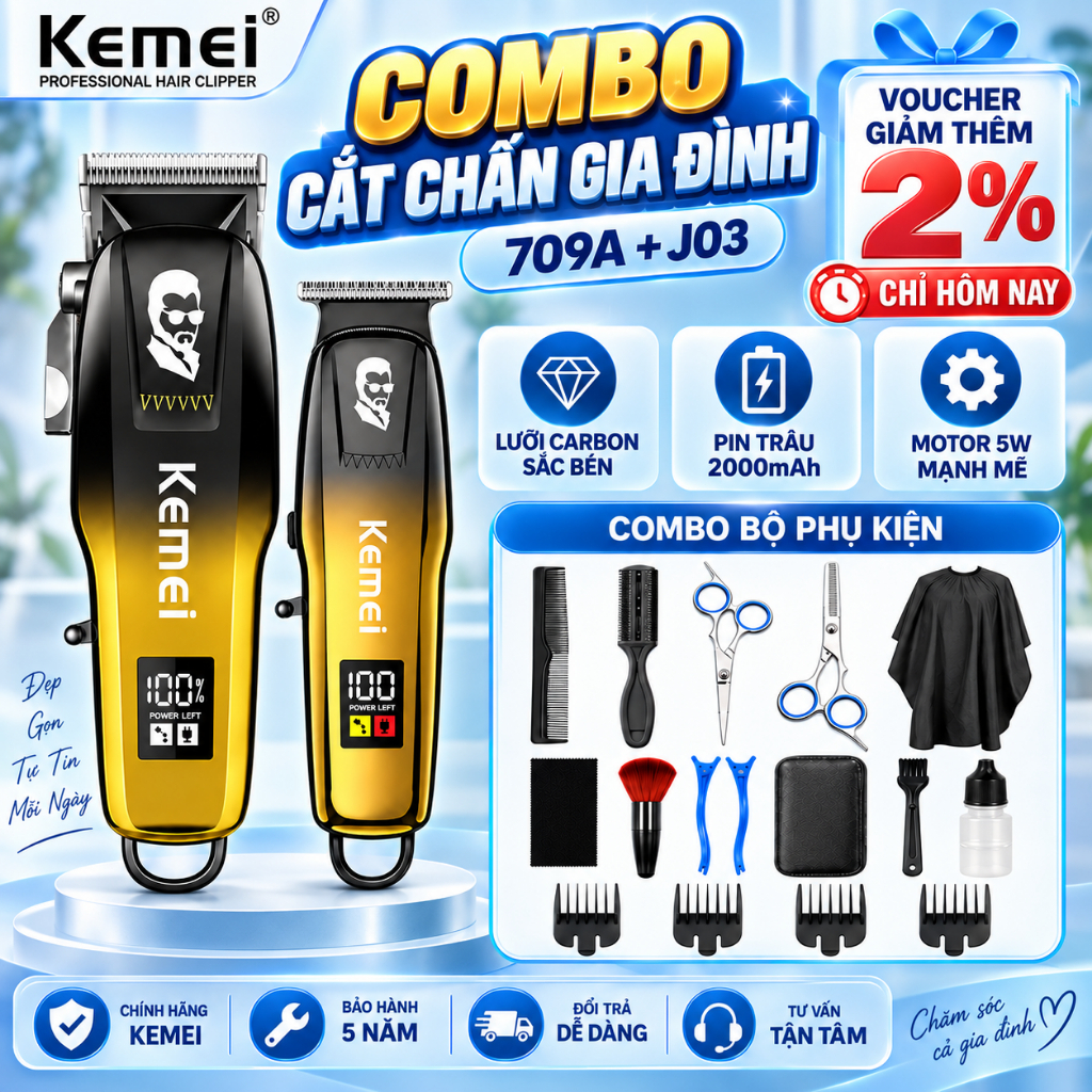 Tăng Đơ Cắt Tóc Chuyên Nghiệp Cho Thợ Kemei 709A, Tăng Đơ Cắt Tóc Gia Đình, Cho Nam Cao Cấp