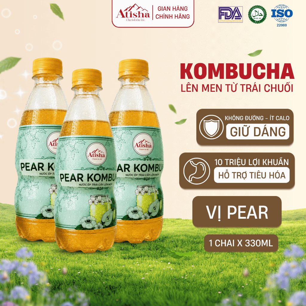 Kombucha Atisha 330ml Vị Pear – Nước Lên Men Từ Nước Ép Trái Cây Tự Nhiên