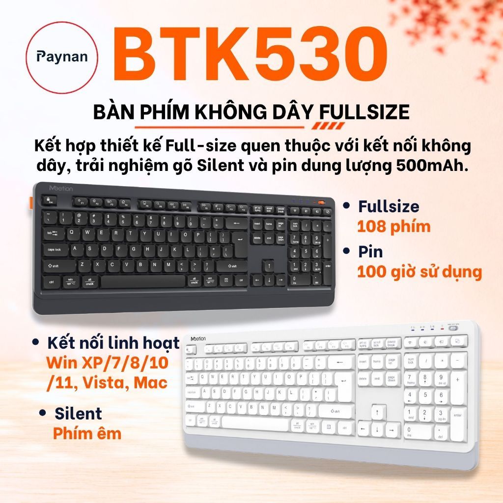 Bàn phím không dây Meetion BTK530 fullsize 2 mode Bluetooth/2.4G chống ồn pin sạc dùng hơn 100H