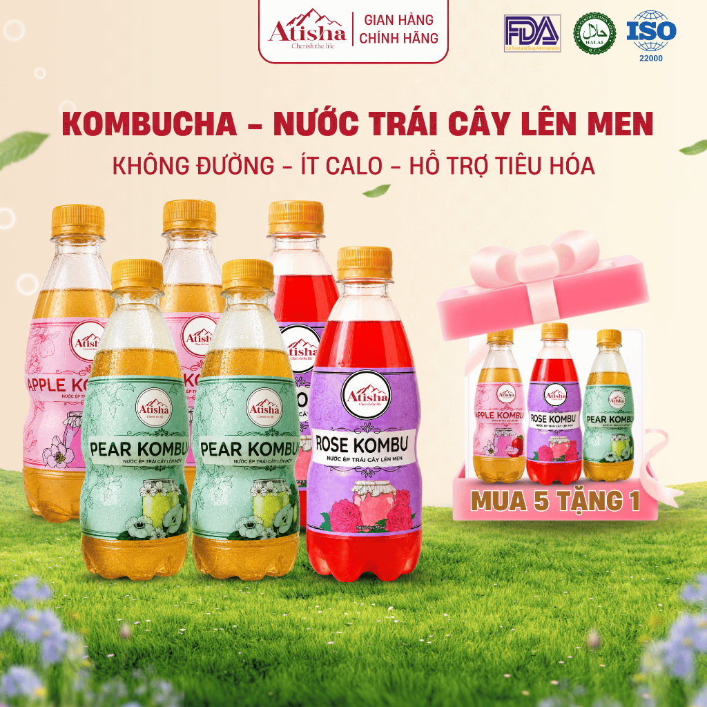 [Mua 5 Tặng 1] Kombucha Atisha 330ml, Nước Trái Cây Lên Men Hương Tự Nhiên Vị Apple, Pear, Rose