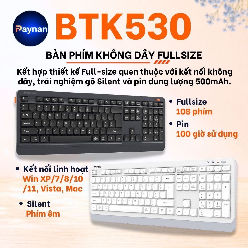 Bàn phím không dây Meetion BTK530 fullsize 108 phím dual mode Bluetooth + 2.4G chống ồn pin sạc sử dụng lên đến 100 giờ | BigBuy360 - bigbuy360.vn