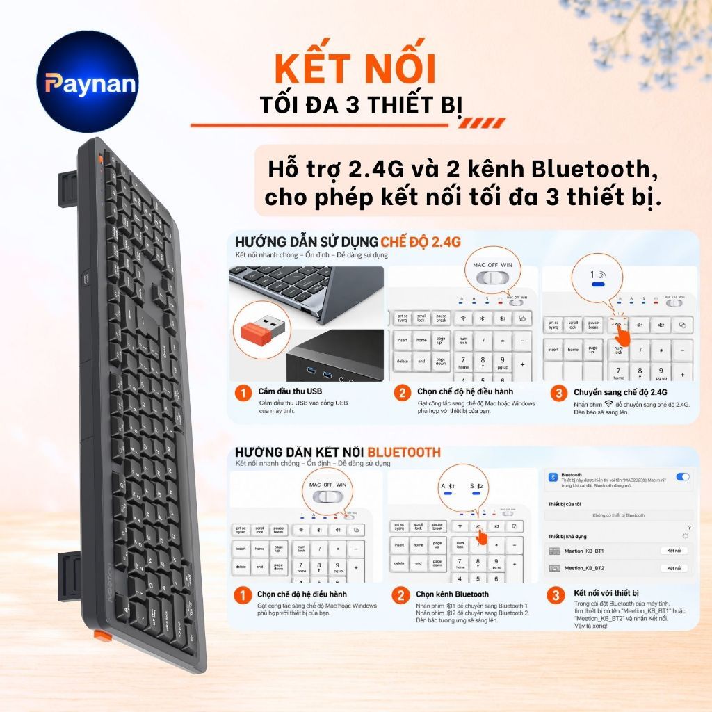 Bàn phím không dây Meetion BTK530 fullsize 108 phím dual mode Bluetooth + 2.4G chống ồn pin sạc sử dụng lên đến 100 giờ | BigBuy360 - bigbuy360.vn