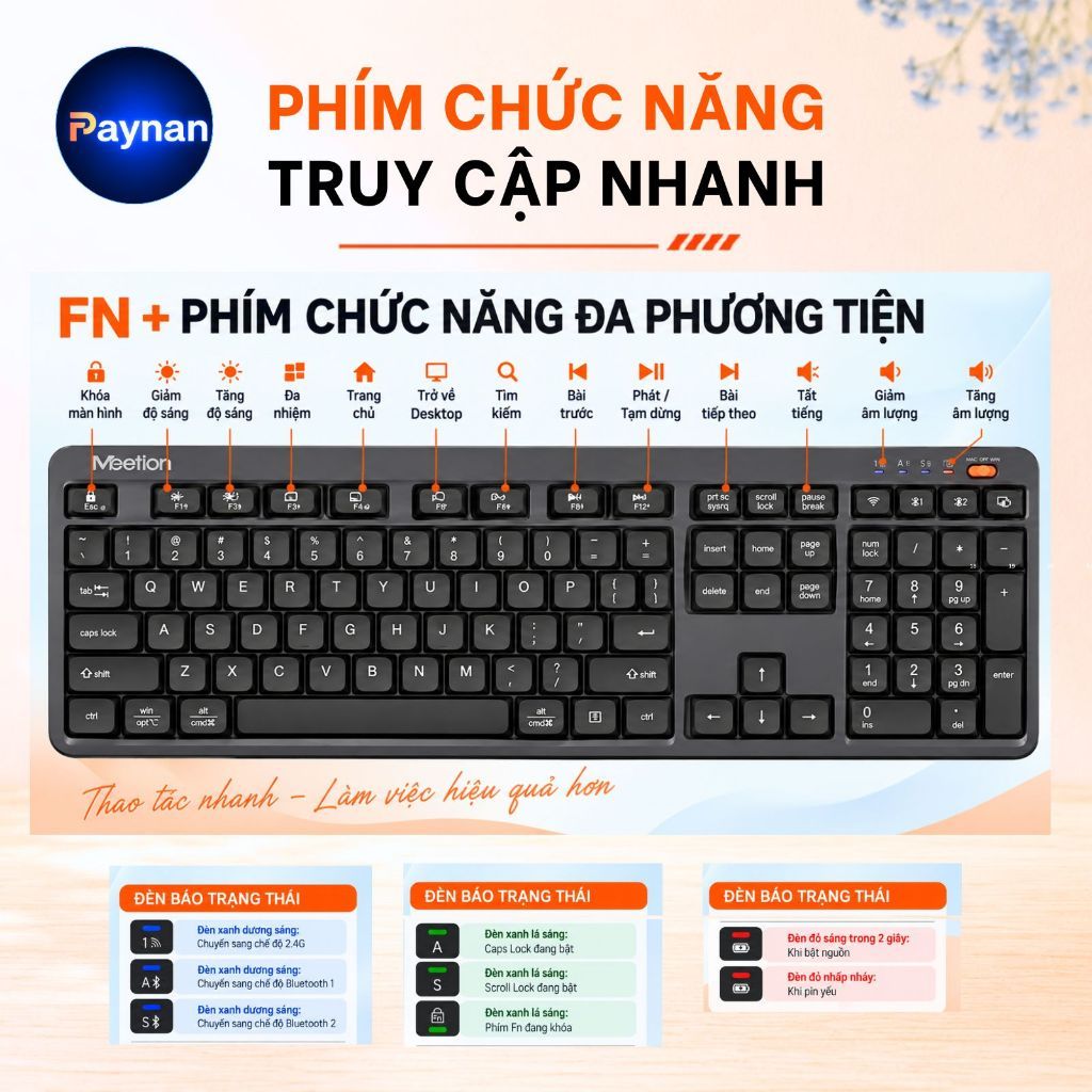 Bàn phím không dây Meetion BTK530 fullsize 108 phím dual mode Bluetooth + 2.4G chống ồn pin sạc sử dụng lên đến 100 giờ | BigBuy360 - bigbuy360.vn