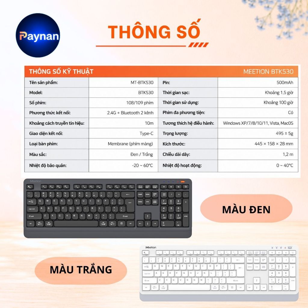 Bàn phím không dây Meetion BTK530 fullsize 108 phím dual mode Bluetooth + 2.4G chống ồn pin sạc sử dụng lên đến 100 giờ | BigBuy360 - bigbuy360.vn