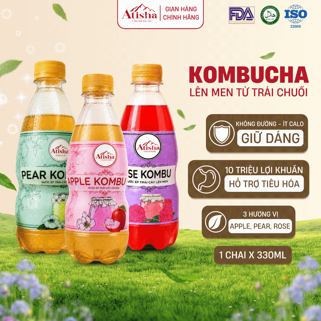 Kombucha Atisha 330ml, Nước Trái Cây Lên Men Hương Tự Nhiên Vị Apple, Pear, Rose