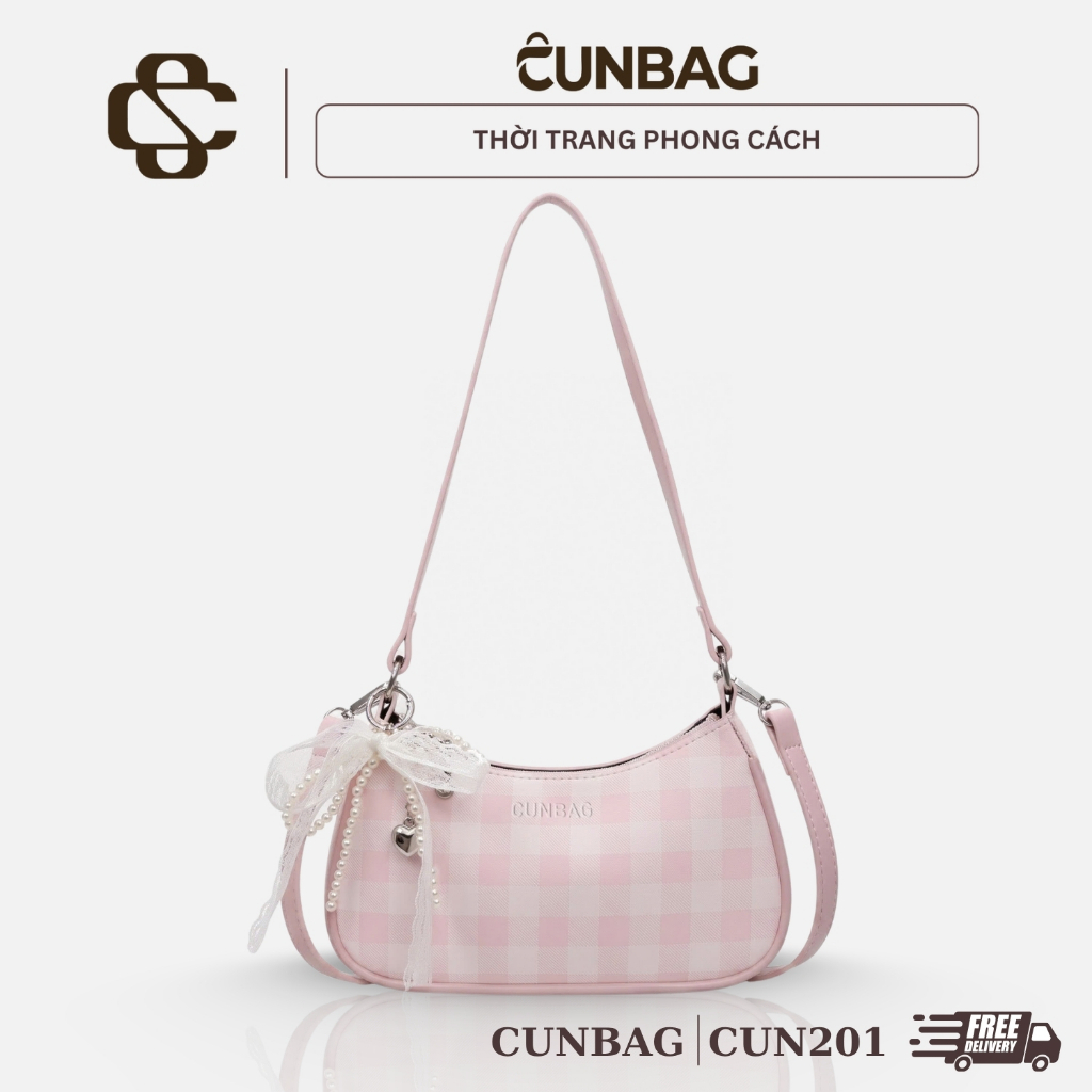 Túi xách nữ đeo chéo kẻ caro kèm charm nơ  tym ngọc dễ thương CUN201