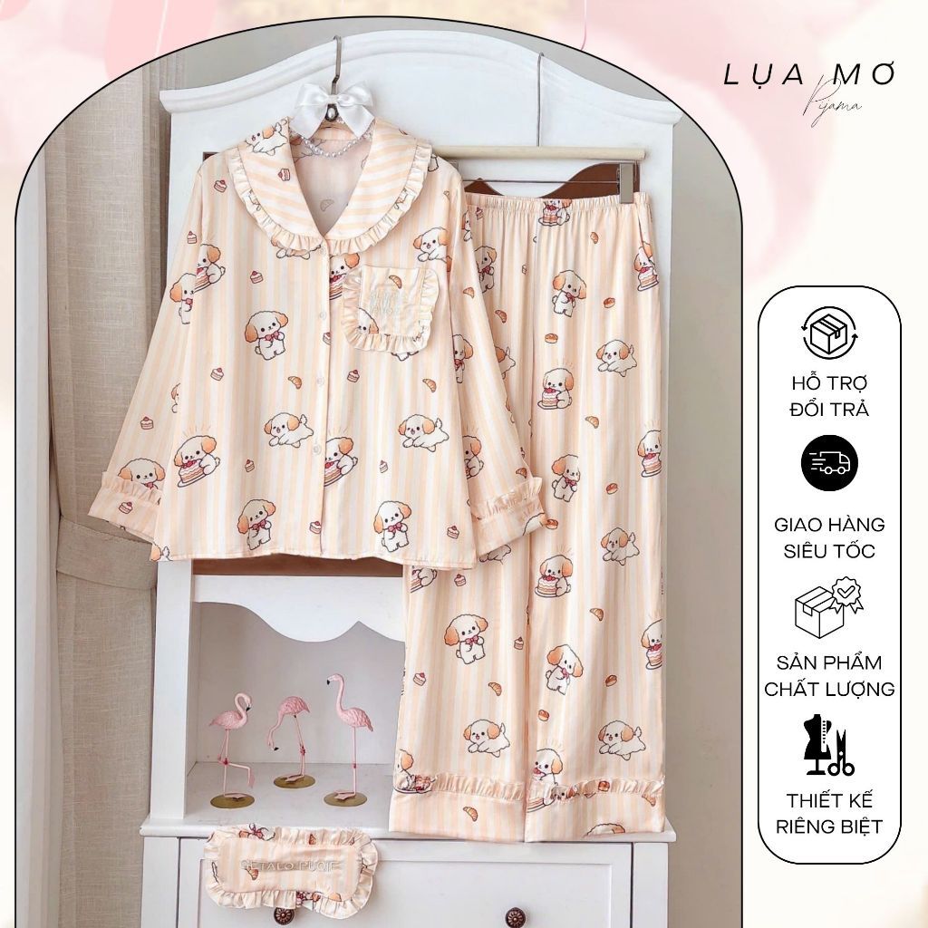 Set Pijama Tiểu Thư Họa Tiết Kẻ Sọc Hồng Kèm Bịt Mắt Vải Lụa Latin Cao Cấp - Đồ Bộ Lụa Mơ LM115