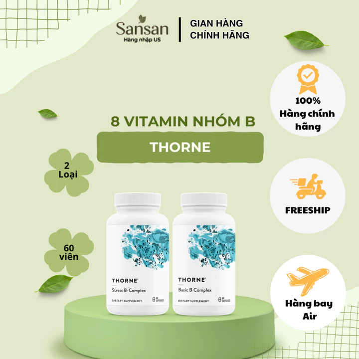 Thorne Basic B Complex / Stress B Complex 60 Viên - Vitamin B Complex B1 B2 B3 B5 B6 B12, Folate 5-MTHF, Choline