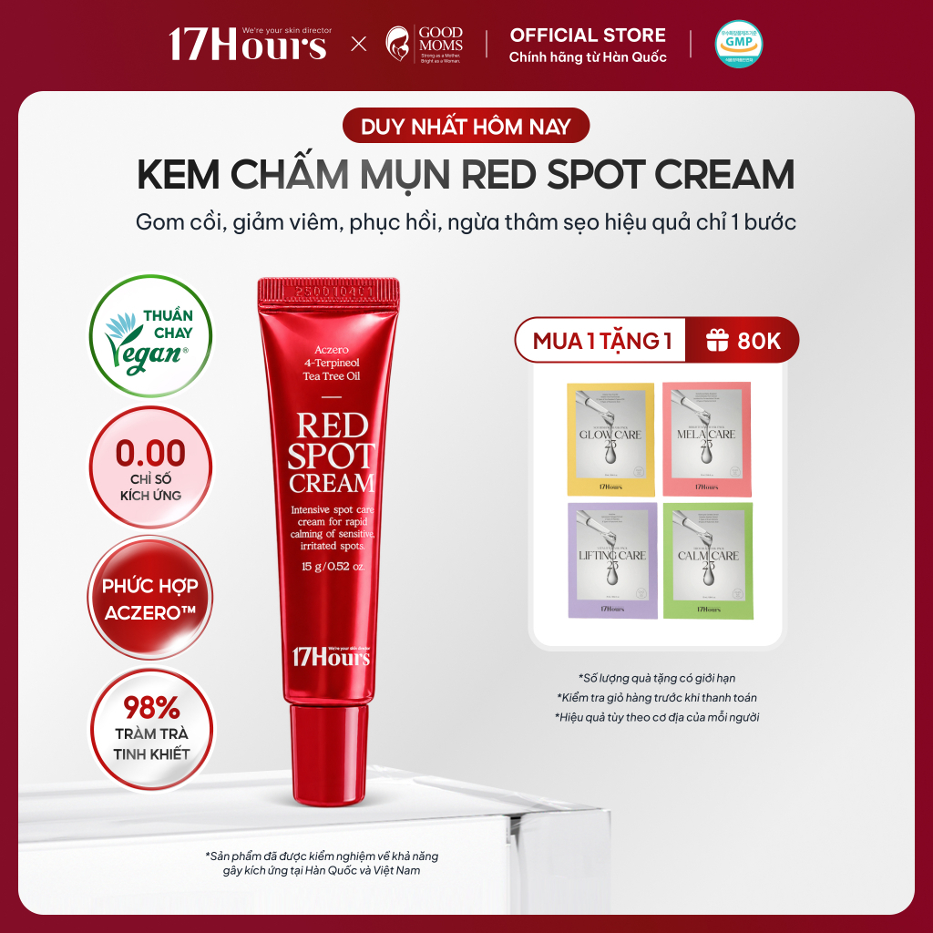 Kem Chấm Mụn 17Hours Red Spot Cream 15g Thuần Chay, chiết xuất tràm trà, dịu mụn sưng viêm, gom cồi nhanh, ngừa thâm mụn