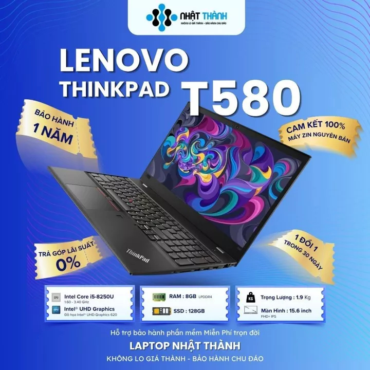 [Rẻ Vô Địch] Laptop Lenovo ThinkPad T580 Core i5-8250U, RAM 8GB, SSD 256GB, 15.6" FHD IPS - Bảo Hành 1 Năm