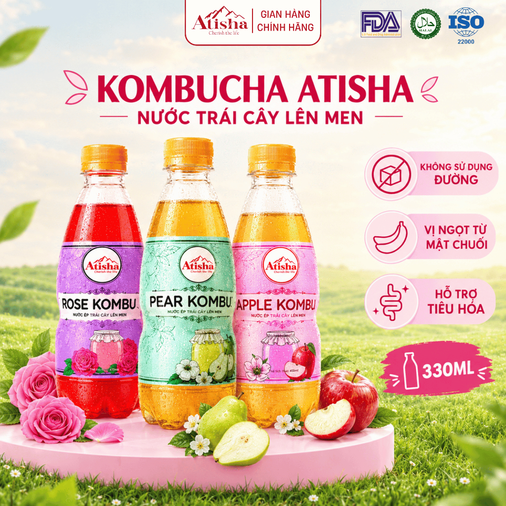 [Combo 6 Chai] Kombucha Atisha 330ml - Không Đường, Ít Calo, Phù Hợp Cho Người Ăn Kiêng