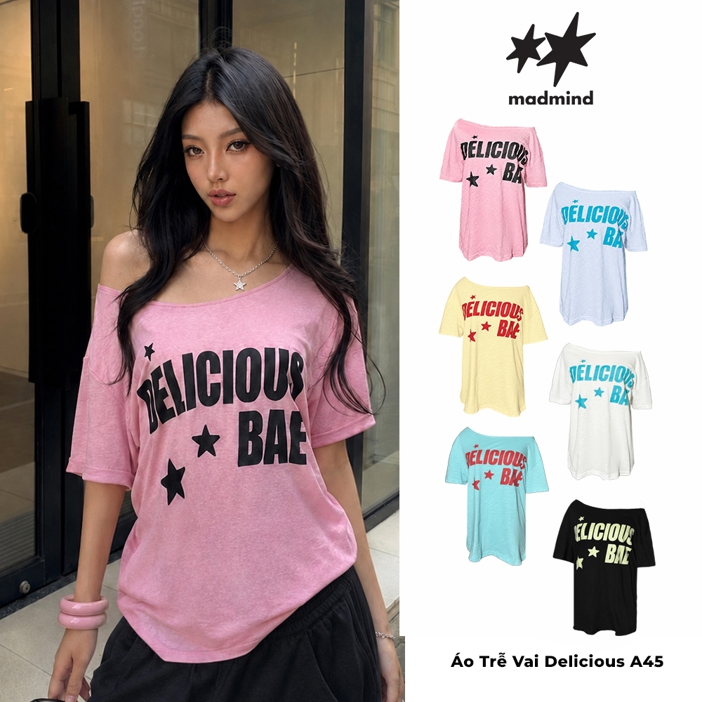 MADMIND Áo Nữ Trễ Vai Thun Xược Delicious A45 ( Xuyên Thấu Nhẹ ) Áo Nữ Lệch Vai Mùa Hè Mặc Đi Biển Màu Xanh Ngọc Tiffany