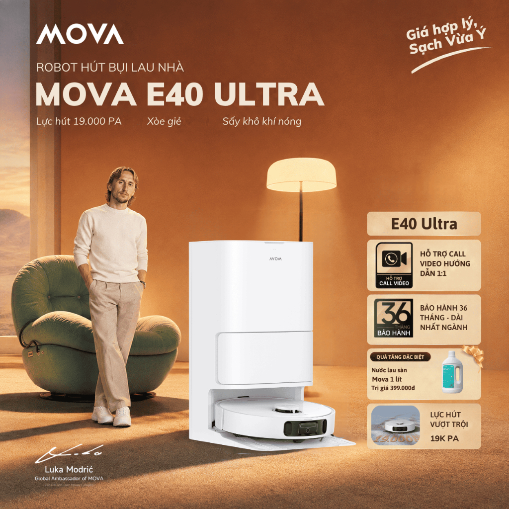 Robot Hút Bụi Lau Nhà Mova E40 Ultra | Lực hút 19.000Pa| xòe giẻ 4cm làm sạch sát cạnh | BH 36 tháng