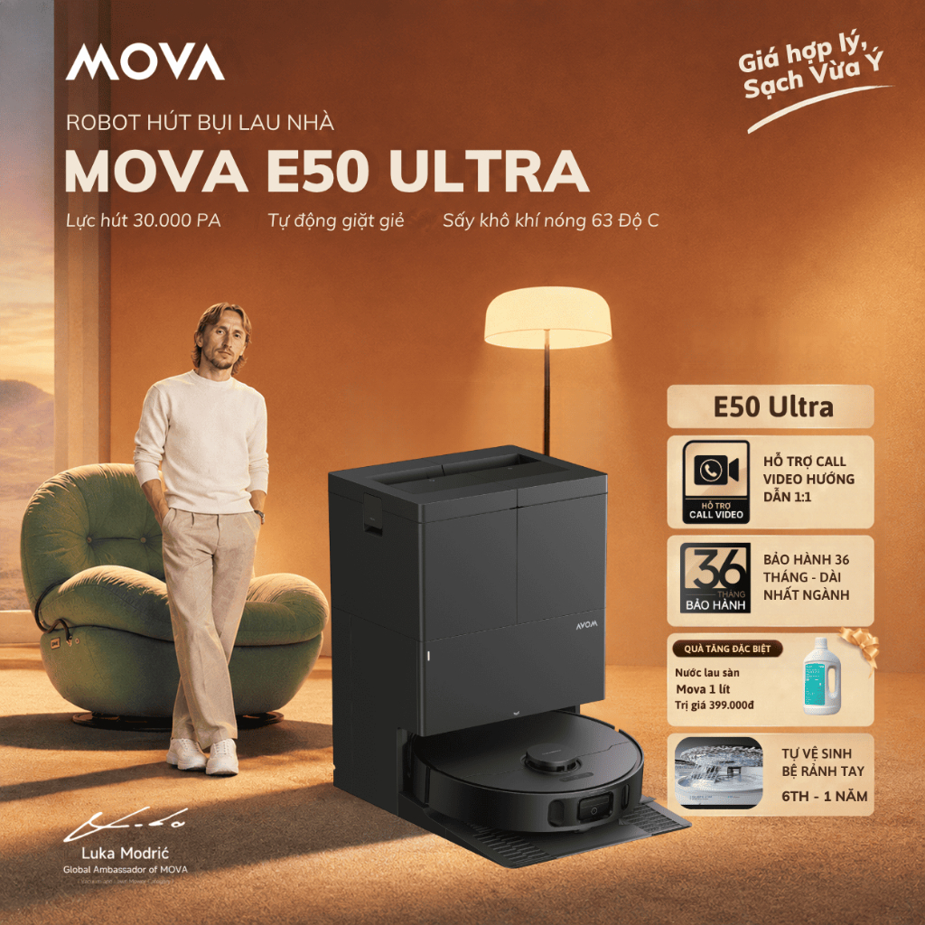 Robot Hút Bụi Lau Nhà Mova E50 ULTRA | Lực Hút 30.000PA | Tự Giặt Giẻ Tự Đổ Rác | Xòe Giẻ 5cm | BH 36 Tháng