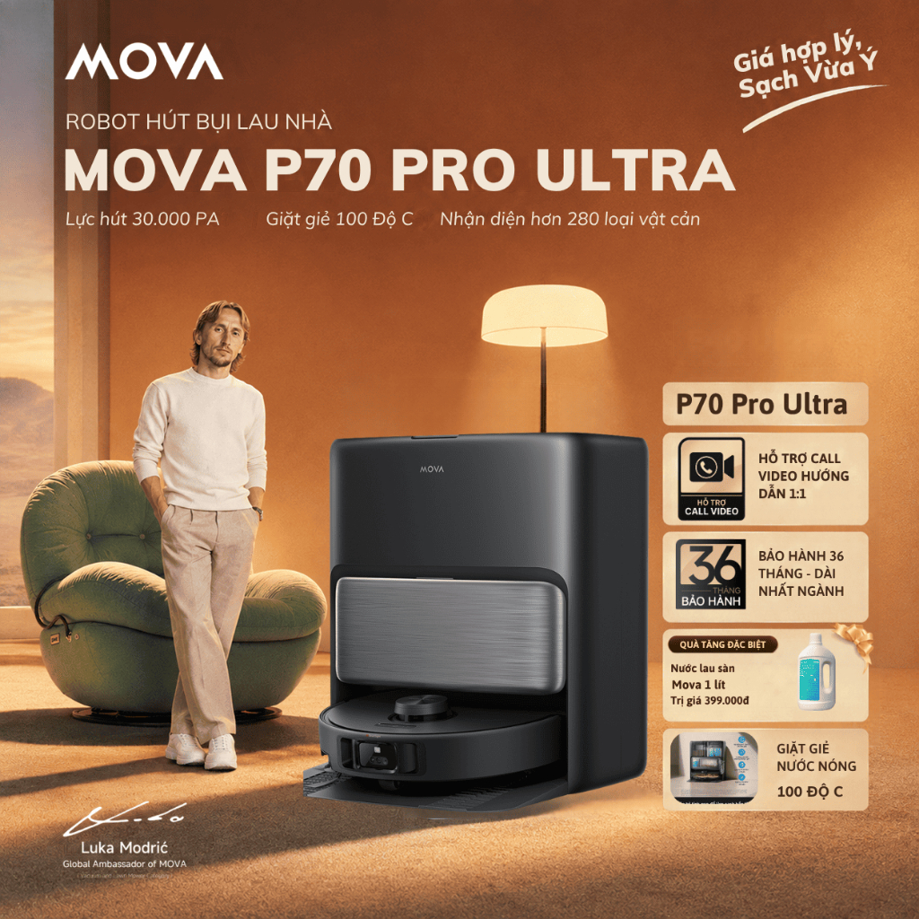 Robot Hút Bụi Mova P70 Pro ULTRA | Lực Hút Đỉnh Cao 30.000Pa, Giặt Nước Nóng 100 Độ | BH 36 Tháng