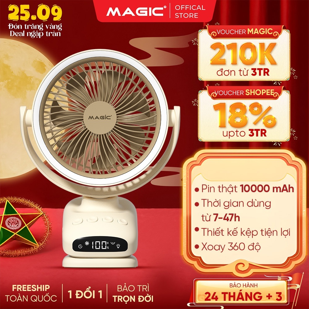 Quạt Kẹp Bàn Magic A-004 Pro Max, Pin 10000mAh, Xoay 360 độ, 5 Tốc Độ Gió Dùng 7-47 Giờ, BH 12 Tháng