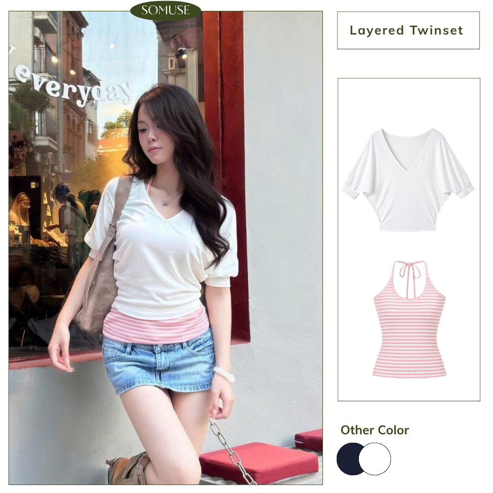 SOMUSE - Set 2 Món Áo Cánh Dơi Tay Lỡ Cổ Tim, Áo Yếm Kẻ Sọc Cột Dây Co Dãn Phong Cách Hàn Quốc Hot Trend T21