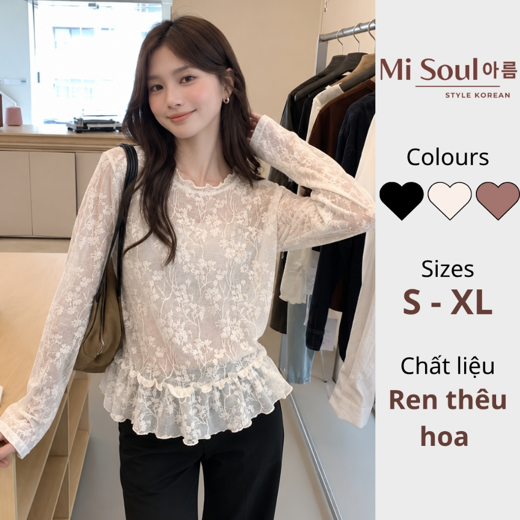 Áo Ren Thêu Hoa Phong Cách Hàn Quốc Misoul, Áo May Dáng Bèo Chất Ren Hoa Tay Dài Bo Tiểu Thư Bánh Bèo 628