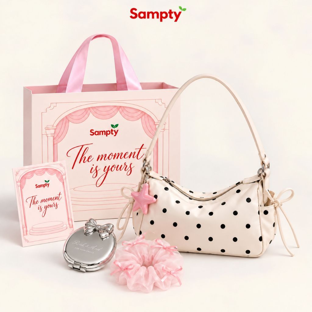 [SET QUÀ TĂNG 20/10 ]Túi Đeo Vai Chấm Bi 𝐒𝐚𝐦𝐩𝐭𝐲Thắt Nơ Kèm Charm Sao,Gương Mini,Dây Buộc Tóc (Tặng Bạn Thân, Bạn Gái)
