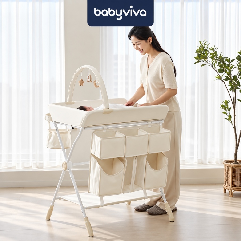 Bàn thay tã cho bé babyviva gấp gọn được, có bánh xe di chuyển và chế độ khoá bánh an toàn