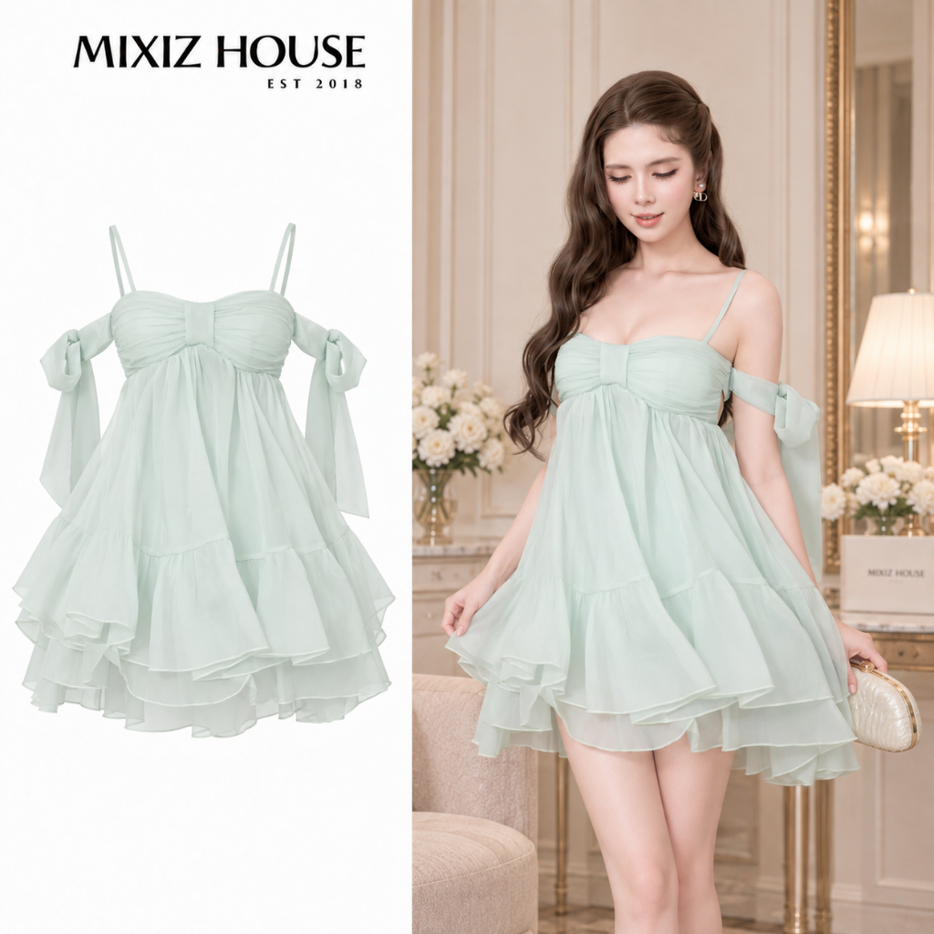 Váy Babydoll Dáng Xòe Tay Rời Buộc Nơ Mixiz House A14 - Váy Nữ Hở Lưng, Màu Kem Xinh Xắn