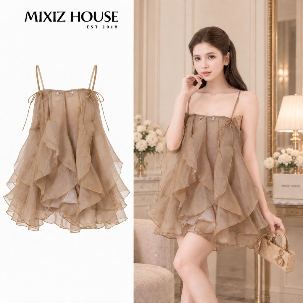Váy Babydoll Tua Rua Tơ Ánh Nhũ Mixiz House D41 - Váy Nữ Dáng Xòe, Đi Tiệc Sang Trọng