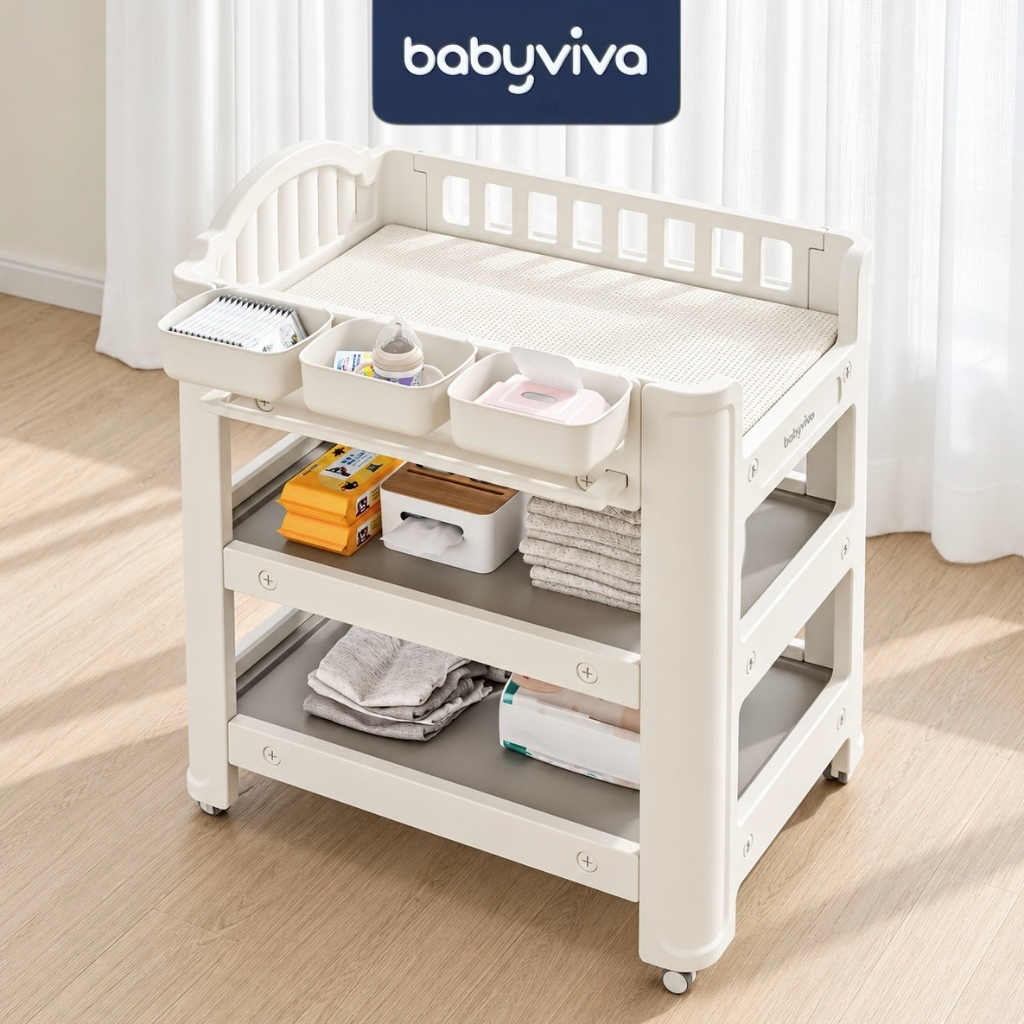Bàn thay tã babyviva đa năng, bàn thay đồ cho bé có bánh xe di chuyển hú