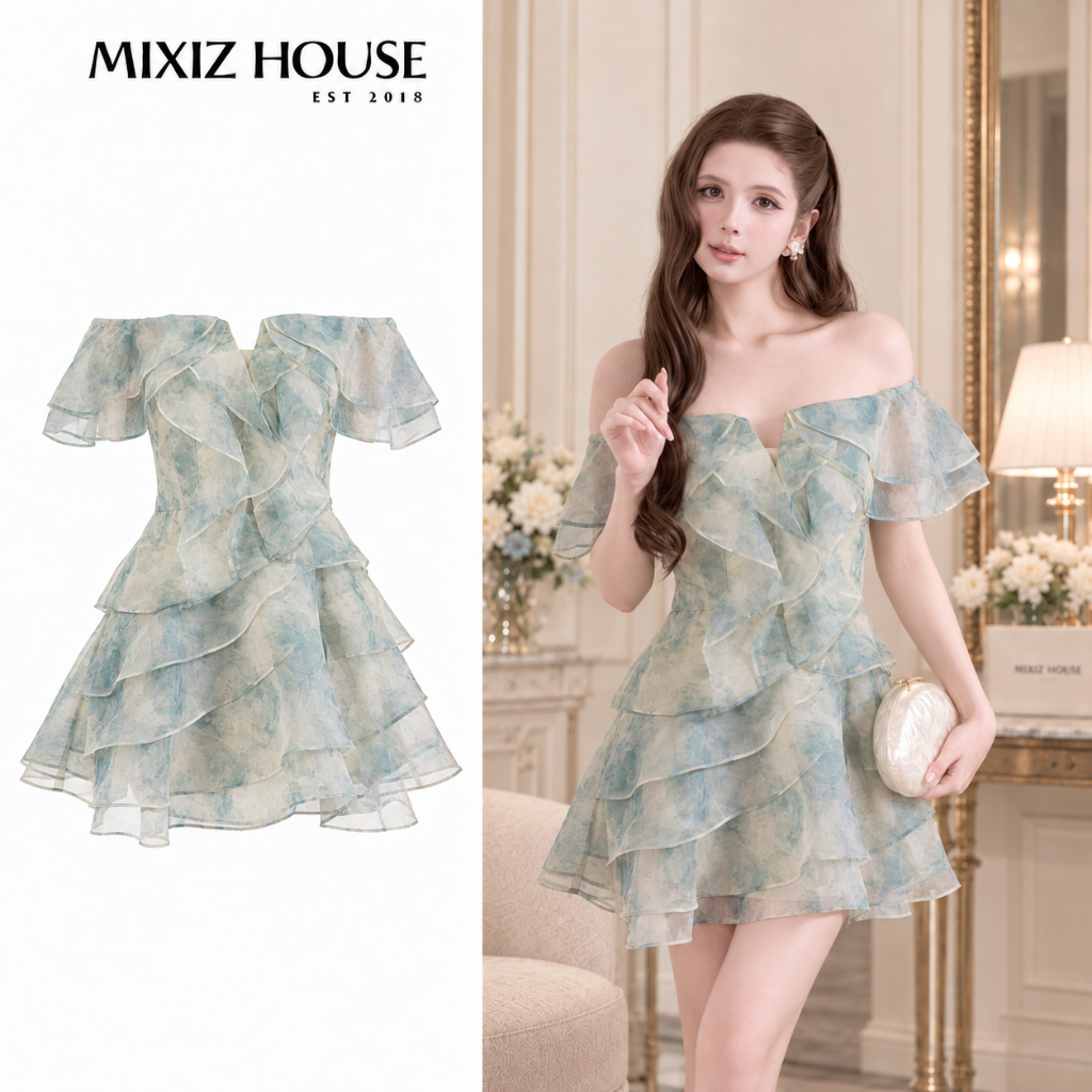Váy Loang Tầng Trễ Vai Phối Bèo Mixiz House D46 - Váy Nữ Dáng Xòe, Thanh Lịch, Đi Chơi, Đi Tiệc