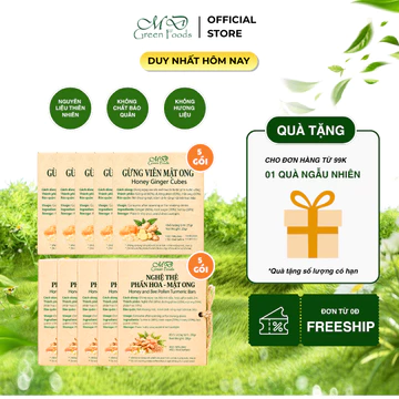 [HOẢ TỐC] Combo 5 Gói Gừng Viên Mật Ong 20gr và 5 Gói Nghệ Thẻ Phấn Hoa Mật Ong 20gr MD Green Foods